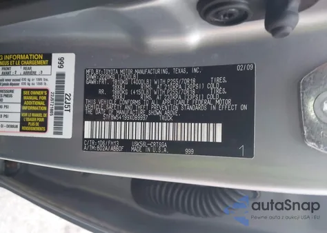 2009 Toyota Tundra Sr5 5.7L V8 z USA, uszkodzony, nr VIN 5TFBW54199X089997